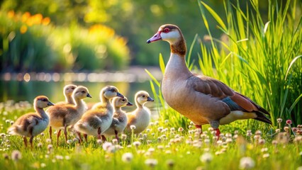Obraz premium Egyptian Goose with Goslings in a Serene Wetland Habitat, Capturing Nature's Beauty and Family Bonding in High Depth of Field Photography