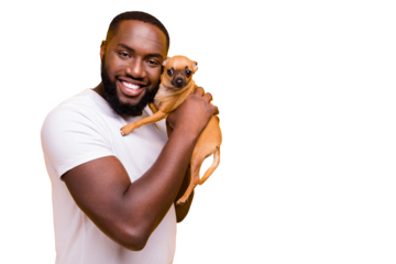 Photo of dark skin guy raising little pet in arms wear casual outfit isolated yellow background