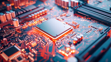 Fototapeta premium Glowing circuit board with central processor: futuristic technology and electronics concept