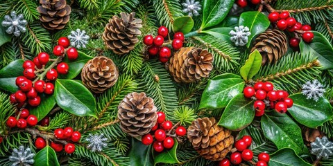 Fototapeta premium A festive arrangement of pine branches, holly leaves, and red berries, accented with delicate snowflake ornaments, creates a vibrant and celebratory backdrop for winter holidays.