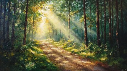 Obraz premium Sunlit Path through the Forest in Warm Glow