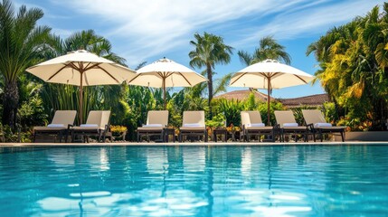 Fototapeta premium Serene Poolside Retreat with Umbrellas and Sun Loungers