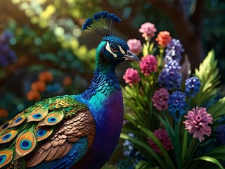 Obraz premium A Regal Peacock in the Garden, Iridescent Blues and violet colour gradient, Vibrant Greens, Sunlit Elegance, intricate brush strokes, beautiful lighting, Quilled