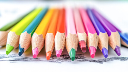 Fototapeta premium Colorful arrangement of vibrant colored pencils in close-up detail for creative design concepts