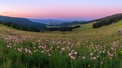 Serene Landscape with Pink Wildflowers at Dusk