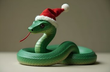 Fototapeta premium Green Snake in New Year Red Hat, Christmas, Symbol, New Year, on Plain Beige Background, Card, Free Space for Text