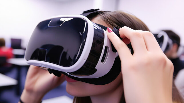 Immersive virtual reality experience with vr headset in modern classroom setting