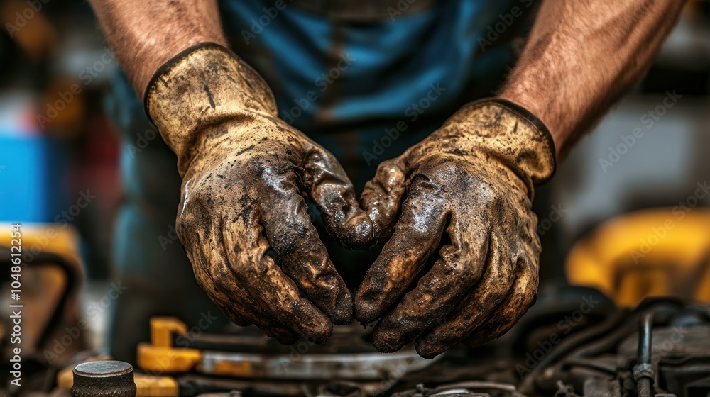 Poster close-up of greasy mechanic's hands with gloves