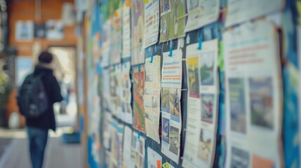 A wall of posters and flyers promoting local community events and initiatives.
