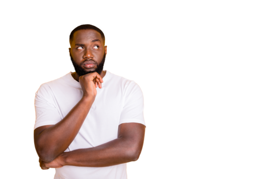 Close up photo of dark skin guy looking up empty space not sure with decision wear casual outfit isolated yellow background