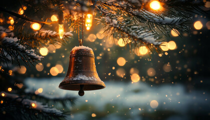 A festive bell hangs from a snow-covered tree, illuminated by warm lights, creating a cozy winter atmosphere.