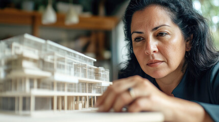 Architect examining detailed architectural model in contemporary office setting