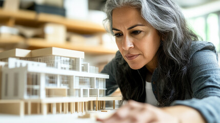 Focused architect analyzing building model in modern workspace