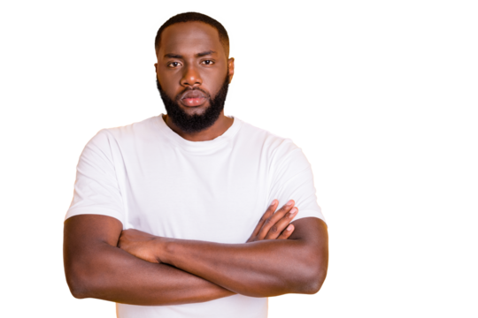 Photo of dark skin chief guy strictly looking on colleagues wear casual outfit isolated yellow background