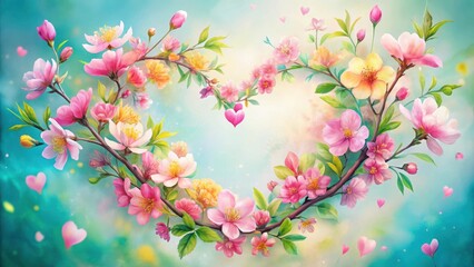 Fototapeta premium A delicate floral heart formed by blooming branches adorned with soft pink and yellow blossoms against a dreamy blue and white background.