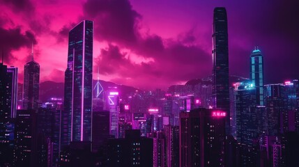 Fototapeta premium Neon-Lit Skyscrapers Against a Purple Sky at Night