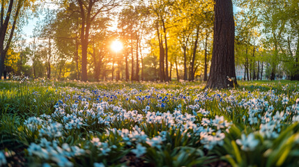 Obraz premium Sunrise over a vibrant spring meadow filled with blooming flowers in a tranquil forest