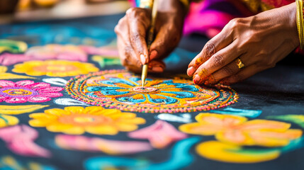 Obraz premium Artistic Hands Coloring with Chalk on Mandala Art