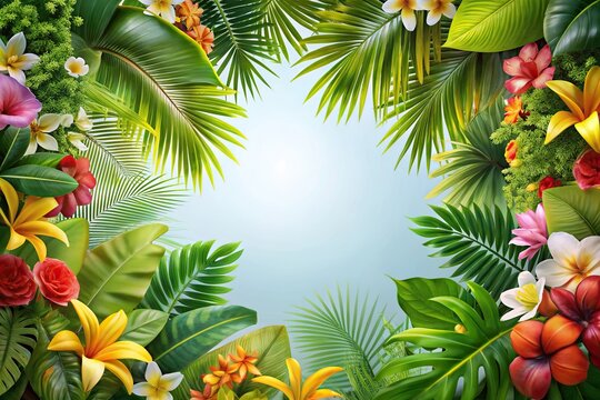 Tropical island themed frame surrounded by lush plants and flowers