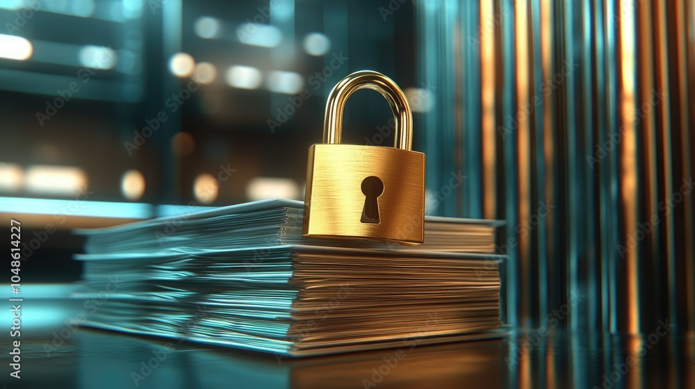 Poster a golden padlock atop a stack of files, symbolizing protection of sensitive data in a secure, profes