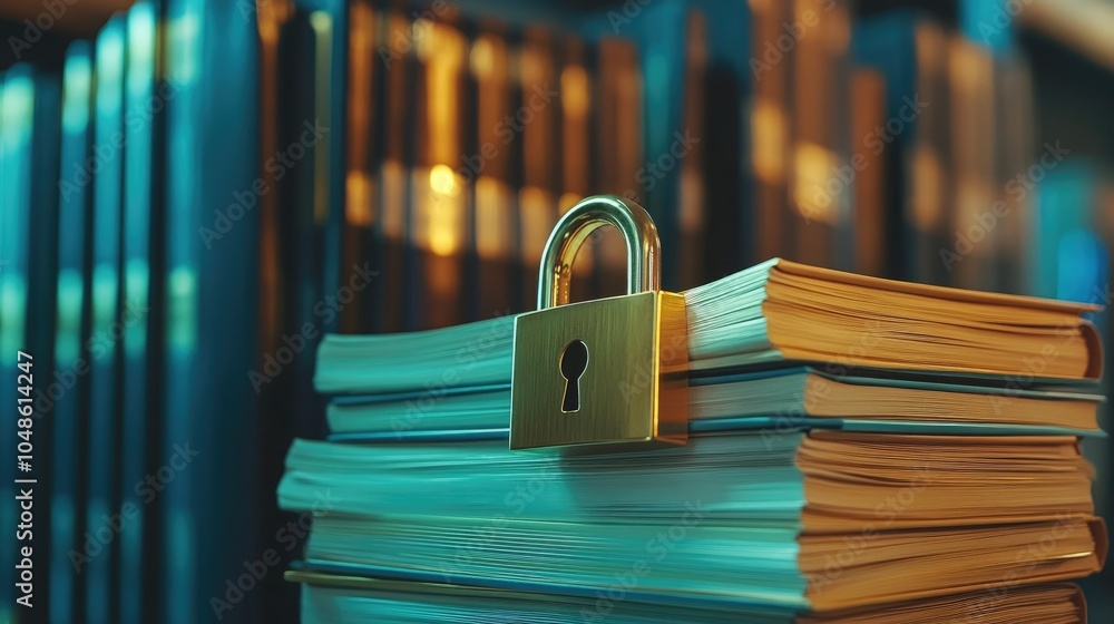 Poster a golden padlock atop a stack of files, symbolizing protection of sensitive data in a secure, profes