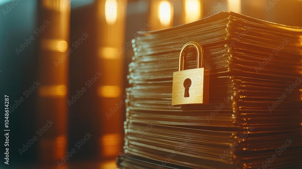 Poster a golden padlock atop a stack of files, symbolizing protection of sensitive data in a secure, profes