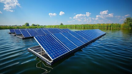 Solar Panels on Water Surface with Clear Blue Sky