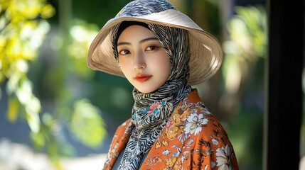 A Young Woman Wearing a Floral Print Scarf and a Wide-Brimmed Hat