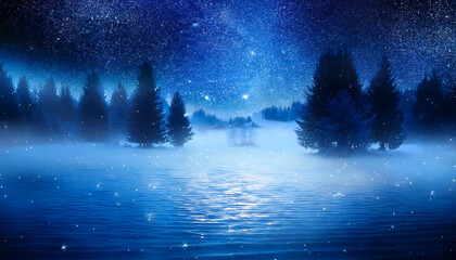 Fototapeta premium Icy blue misty scene with hologram magic and twinkling starry night sky of sparkles and shi_1(398)
