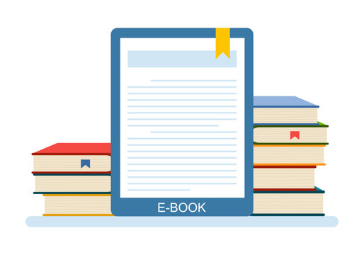 E-book reader with stacks of books in flat design vector illustration.