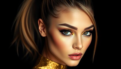 Fototapeta premium Radiant Glamour: Close-Up Portrait of a Woman with Exquisite Makeup
