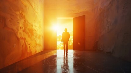 Obraz premium Person stepping through a doorway into bright light, representing a new beginning