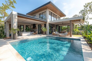 Fototapeta premium A modern residence featuring a luxurious outdoor living space with a sleek tile pool in the backyard. Generative AI