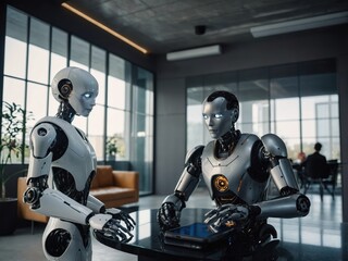 Fototapeta premium An impressive scene featuring a robot from the future, equipped with advanced AI and technology, capable of performing complex tasks and enhancing human productivity in various fields.