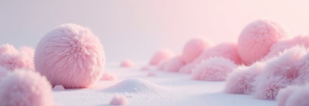 Soft pink fluffy spheres of various sizes create a dreamy, textured landscape with a delicate, pastel-toned background, perfect for banner use or abstract, cozy themes