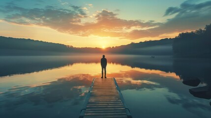 Fototapeta premium Person standing on a dock, looking out at a calm lake at sunrise, symbolizing a new beginning