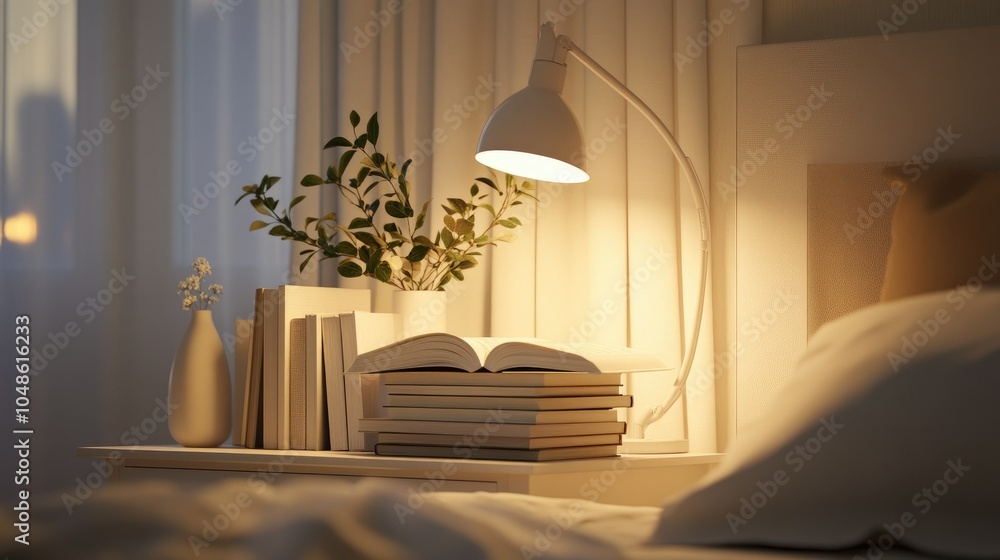Poster a minimalist white desk lamp casting warm light over neatly stacked books on a bedside table, creati
