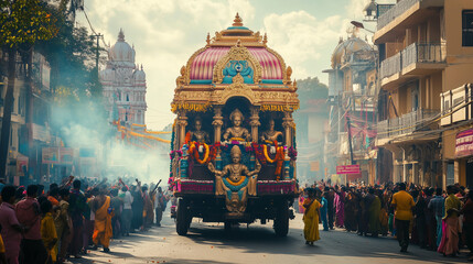 Fototapeta premium Kalpathi Ratholsavam, a huge chariot decorated with colorful sculptures and carvings, is pulled in the middle of the road by a group of devotees, Ai generated images.