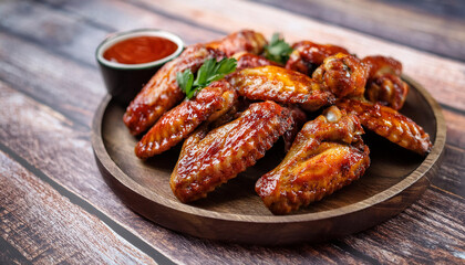 Savory barbecue chicken wings served with tangy sauce on a rustic wooden table