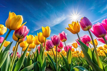 Fototapeta premium Minimalist Spring Beauty: Yellow and Pink Tulips Against a Bright Blue Sky - First Flowers of the Season