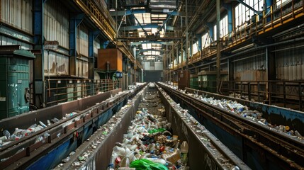 Fototapeta premium Industrial Conveyor Belt with Plastic Waste in a Recycling Facility
