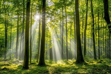 Obraz premium Sunbeams Filtering Through a Dense Forest