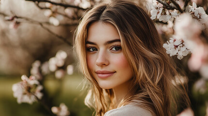 Fototapeta premium Young woman smiling softly among blooming cherry blossom trees in early spring sunlight