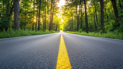 Fototapeta premium A serene journey along a tree-lined road at sunset with vibrant colors and peaceful surroundings