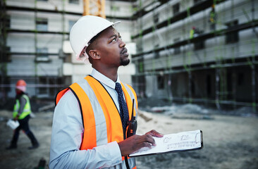 Black man, civil engineer and inspector with clipboard for construction planning or site layout in...