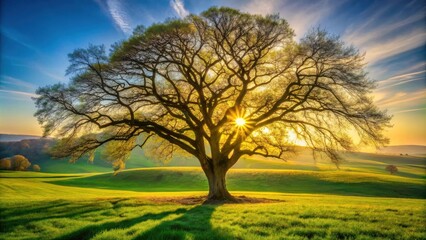 Fototapeta premium Solitary Tree Silhouette in a Field of Green Grass, Bathed in the Golden Light of Sunset