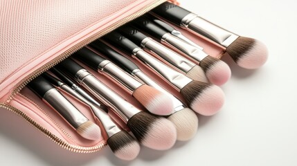 A neat set of makeup brushes in a pink cosmetic bag, ready for beauty routines, with soft brushes and sleek handles on display