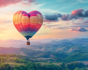 Fototapeta premium Heart Shaped Hot Air Balloon Soaring Over Scenic Landscape