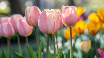 Tulips bloom in a vibrant garden showcasing pink and yellow flowers during springtime
