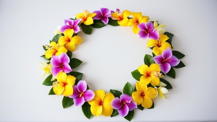 Hawaiian flower necklace capturing tropical charm with vibrant flowers, ideal for a summer event or beach party accessory. Non-customizable, ready to add exotic beauty to any occasion.